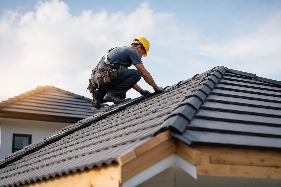 Professional roofer working on a residential UK house roof